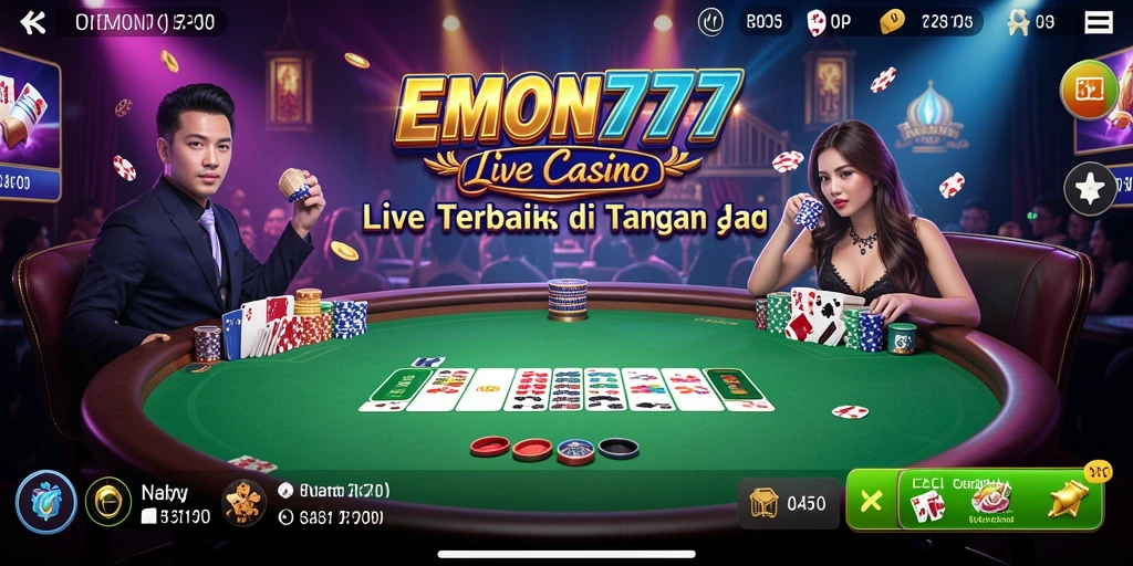 Screenshot EMON777 menampilkan dealer langsung dalam permainan kasino yang mendebarkan.