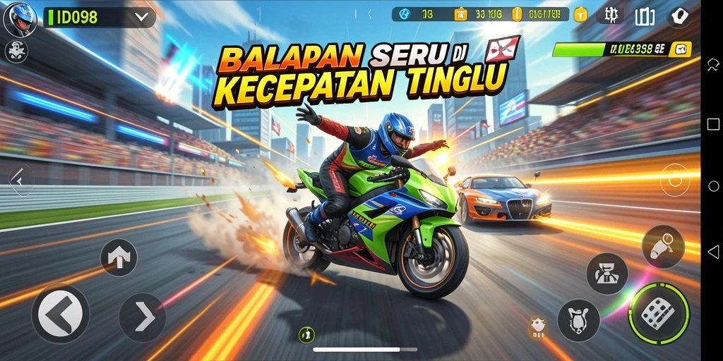 Screenshot ID098 menampilkan aksi balapan yang seru dan menegangkan.