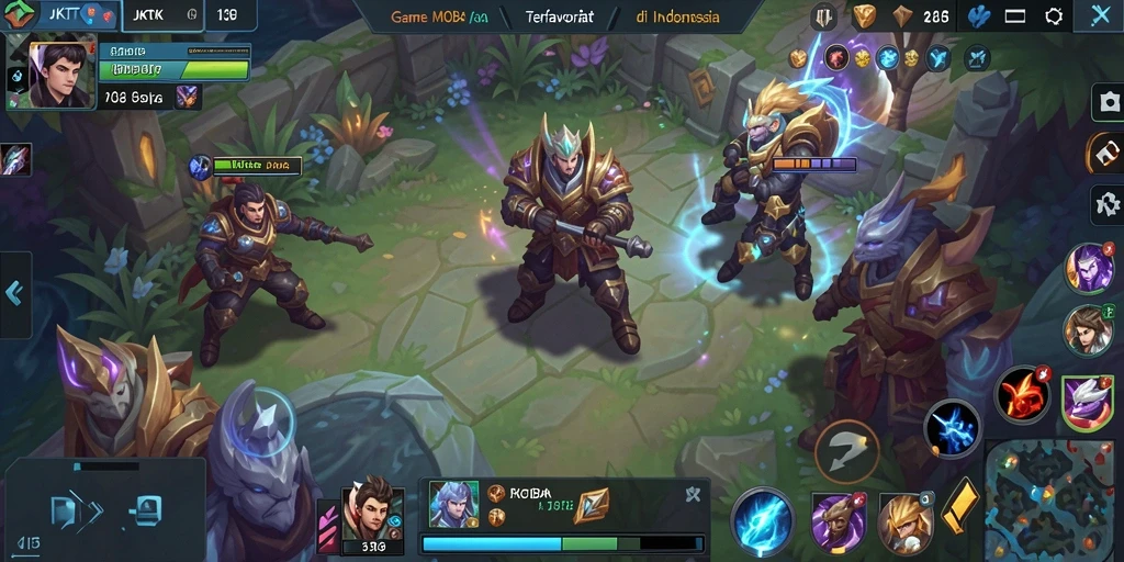 Tangkapan layar gameplay JKTOK dengan pertarungan MOBA yang seru.