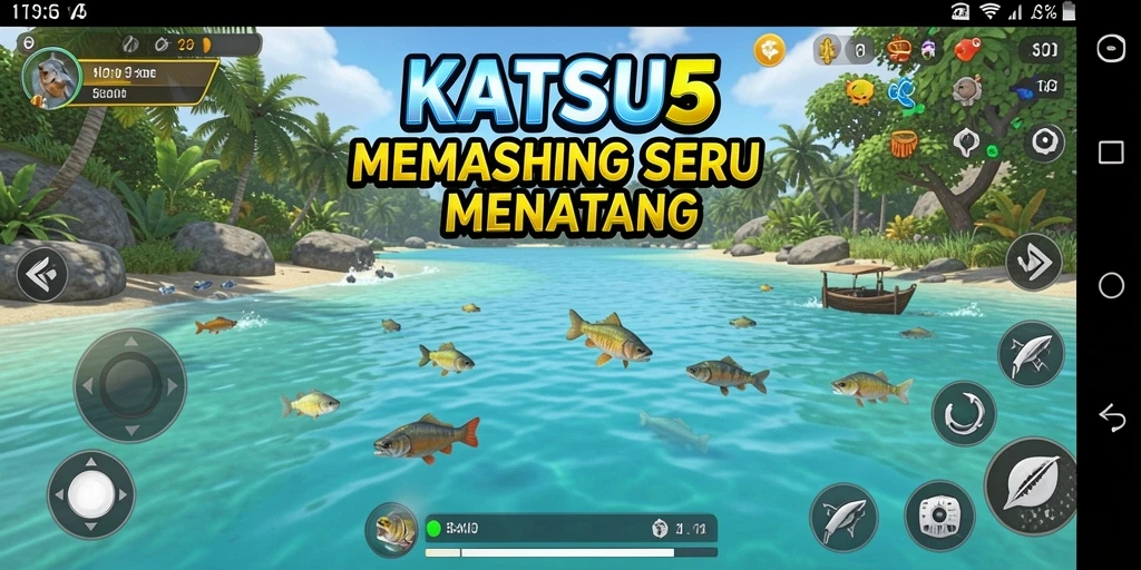 Tampilan gameplay memancing KATSU5 yang seru dan mendebarkan.