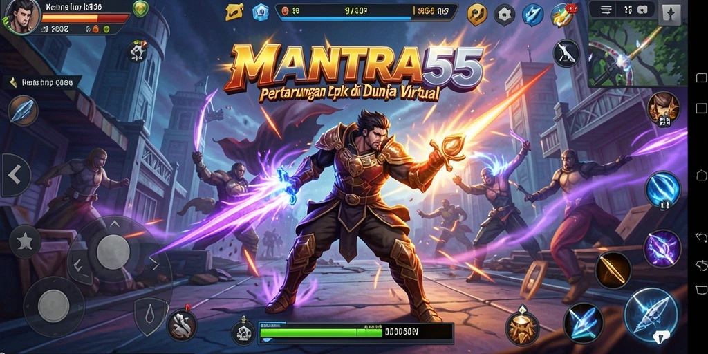Screenshot utama MANTRA55 menunjukkan aksi bertarung yang intens.
