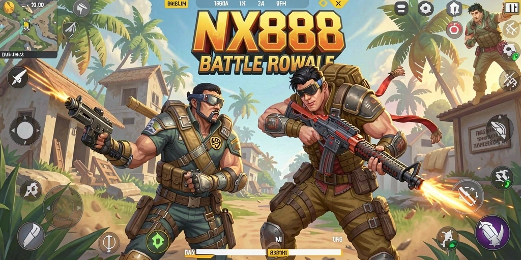Screenshot menunjukkan aksi seru dalam permainan Battle Royale NX888.