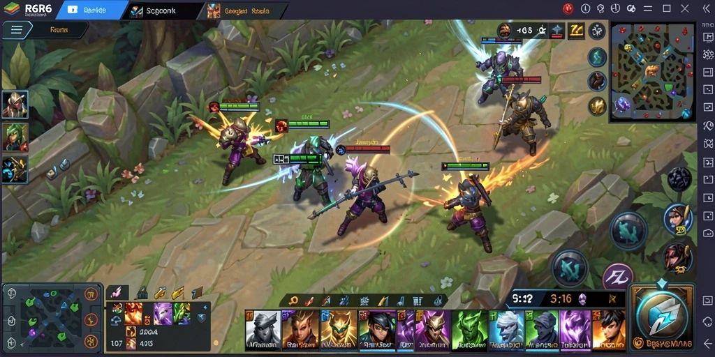 Tampilan gameplay seru R6R6 dalam pertempuran MOBA.