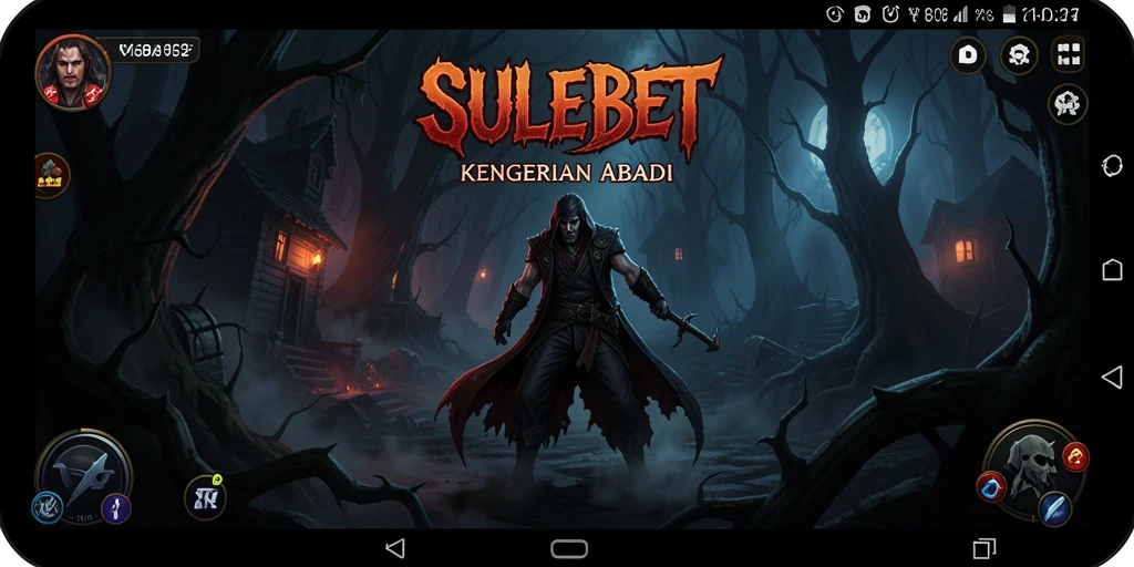 Screenshot utama SULEBET menampilkan suasana mencekam dengan karakter utama di kegelapan.