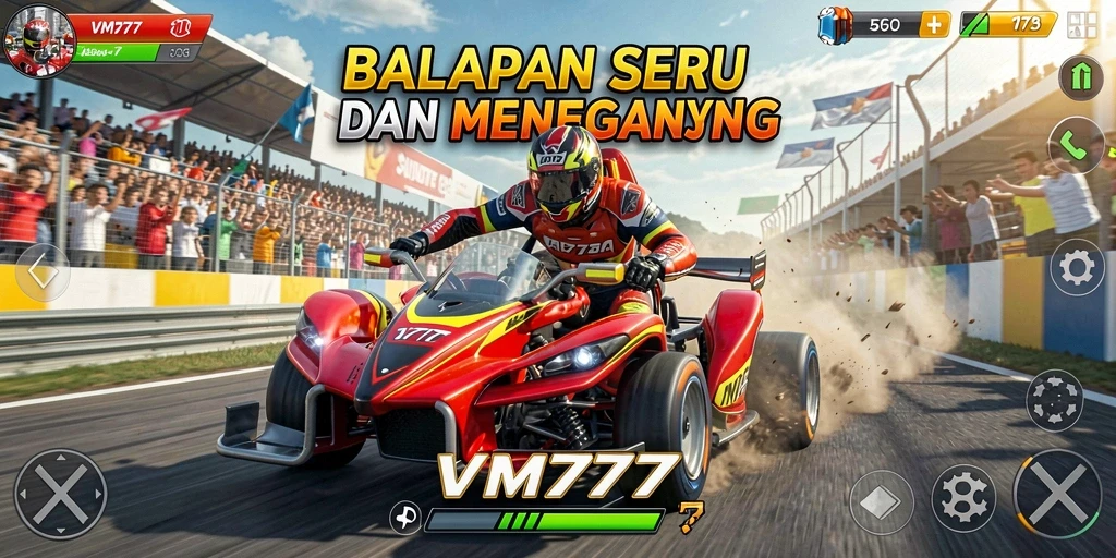 Screenshot utama VM777 menampilkan aksi balapan yang intens dan menegangkan.